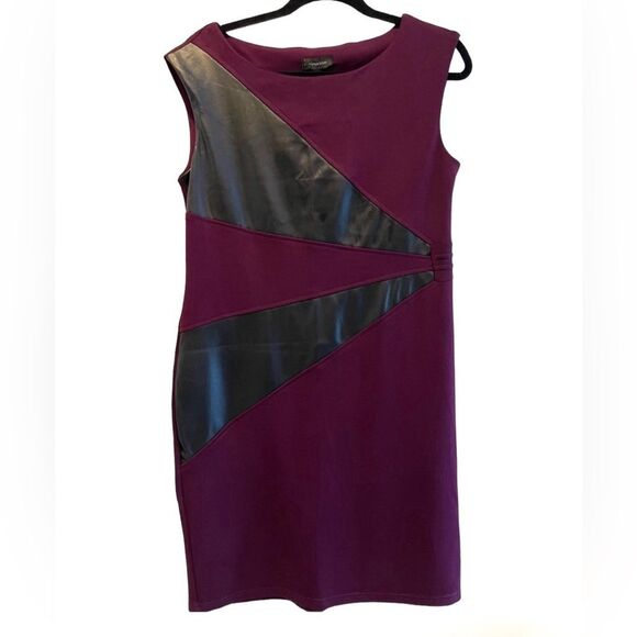Spense Sleeveless Midi Sheath Dress Plum Purple & Black Faux Leather Size 10 - Picture 1 of 6